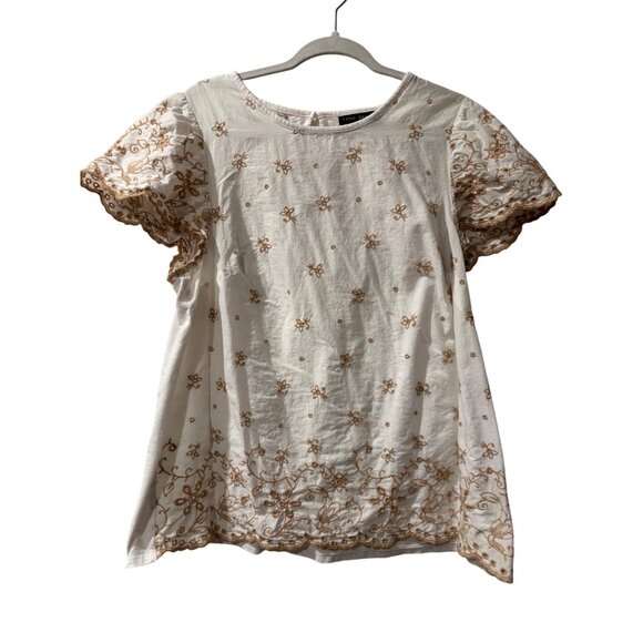 Lane Bryant  White & Beige Embroidered Cotton Blend Short Sleeve Tunic Top - Picture 2 of 11